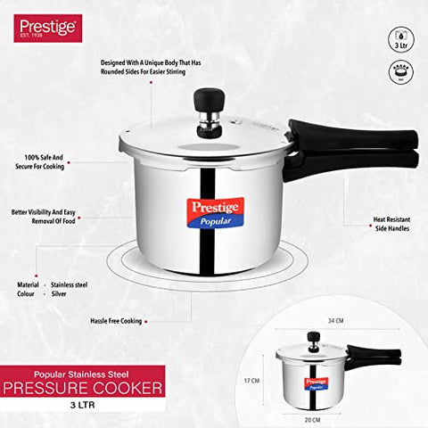 Prestige Popular 3 Litre Stainless Steel Pressure Cooker – Safe, Durable & Even Heat Cooking