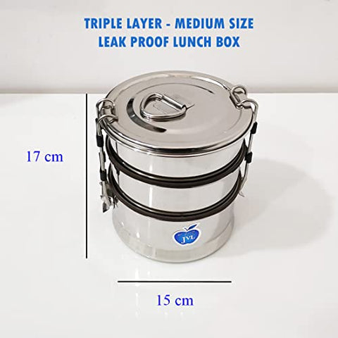 JVL Stainless Steel Triple Layer Leak Proof Lunch Box for School, Office - Round Shape - Medium