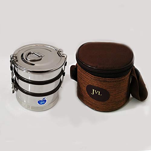 JVL Stainless Steel Triple Layer Leak Proof Lunch Box for School, Office - Round Shape - Medium