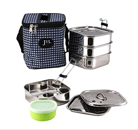 JVL Stainless Steel Mini Square Travel Tiffin Set - 4 Compartment - Small - 1 Pcs (Product Code - MTS)