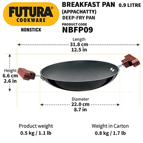 Hawkins Futura 0.9 Litre Breakfast Pan, Non Stick Appachatty, Chetty Pan, Appam Patra, Round Bottom Small Kadai, Black (NBFP09)