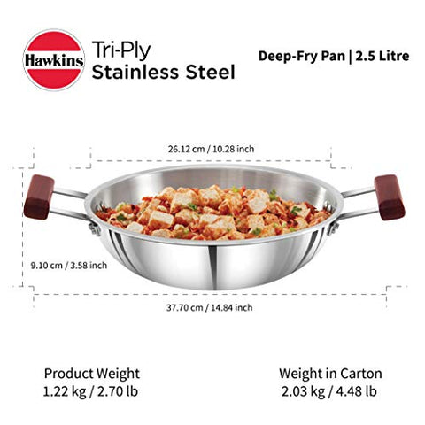 Hawkins Triply 3 mm Extra-Thick Stainless Steel Deep Fry Pan 2.5 Ltr without Lid, Silver (SSD25)
