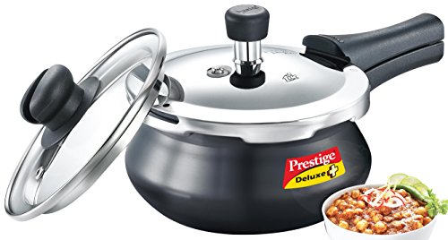 Prestige Deluxe Duo Plus Induction Base Hard Anodised Pressure Cooker Glass Lid, 1.5 Litre, Black