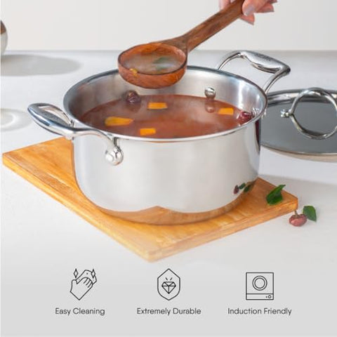 Stahl Triply Stainless Steel Sauce Pot with Lid | Stainless Steel Casserole | Tri Ply Biryani Pot with Induction Base | Artisan 4124, Dia 24 cm, 5.1 L (Serves 8 People)