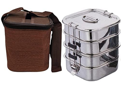 JVL Stainless Steel Mini Square Travel Tiffin Set - 4 Compartment - Small - 1 Pcs (Product Code - MTS)