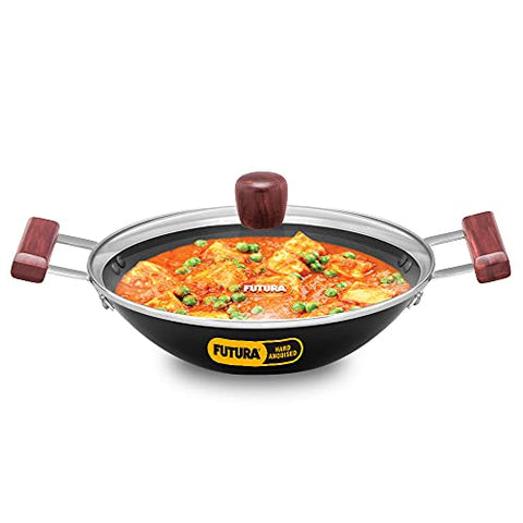 FUTURA Hawkins 2 Litre Deep Fry Pan with Glass Lid, Hard Anodised Kadai, Flat Bottom Kadhai, Black (AD20G)