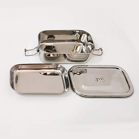 JVL Stainless Steel Rectangular Single Layer Lunch Box with Inner Plate - Big & Round Single Layer Lunch Box with Inner Plate - Small Combo for Kids, School, Office - Not Leakproof