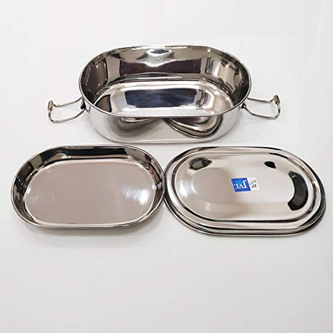 JVL Stainless Steel Rectangular Single Layer Lunch Box with Small Container - Big & Capsule Single Layer Lunch Box with Inner Plate - Big Combo for Kids, School, Office - Not Leakproof