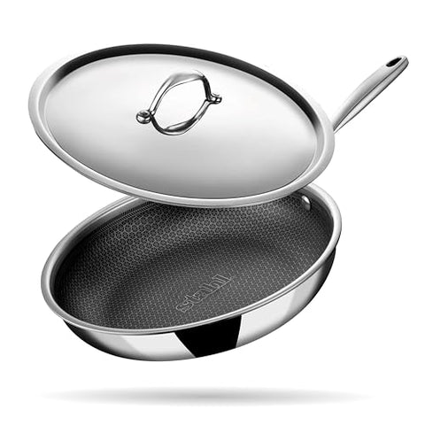 Stahl Triply Stainless Steel Non Stick Pan | Stainless Steel Frying Pan with Lid | Fry Pan with Induction Base|Scratch Resistant Non Stick Pan | Hybrid 6424, Dia 24 cm, 1.8L (Serves 6 People)