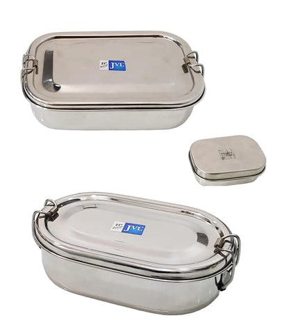 JVL Stainless Steel Rectangular Single Layer Lunch Box with Small Container - Big & Capsule Single Layer Lunch Box with Inner Plate - Big Combo for Kids, School, Office - Not Leakproof