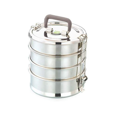 JVL Medium Round Stainless Steel Lunch Box - Travelling Set with 4 Compartments and 1 Air Tight Plastic Box (Product Code - RTS-2)