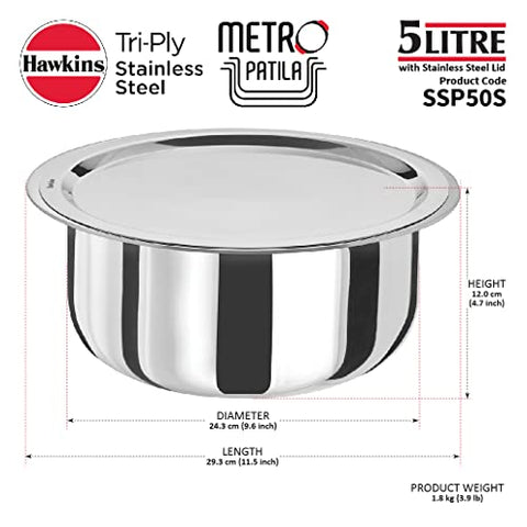 Hawkins 5 Litre Metro Patila, Triply Stainless Steel Tope with Stainless Steel Lid, Induction Bhagona, Tapeli, Silver (SSP50S)