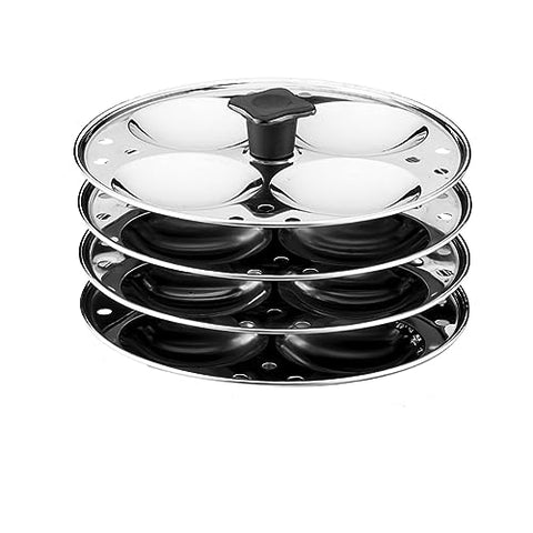 Stainless Steel Idly Cooker - Regular | Classic Stainless Steel Idly Cooker Pot | Steel Idli Maker with Silver Lid - 4 Plates (for 16 Idlies)