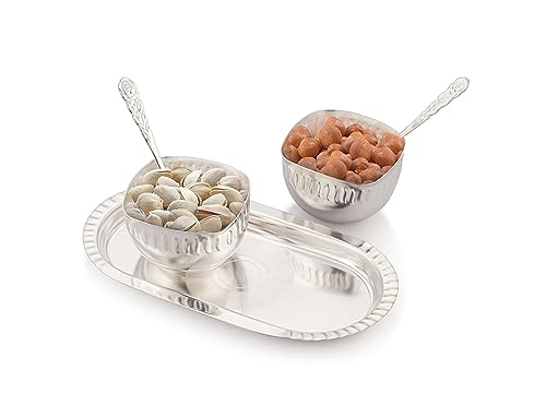Pure Silver Plated Aura Serving Set | Silver Finished Bowl Set of 5 | Dry Fruits, Snacks containers | Serving Platter | Tableware Set | Perfect Diwali, Office, Wedding Return Gift