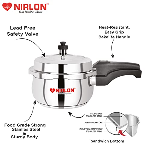 NIRLON Sandwich Bottom Induction Friendly Outer Lid Stainless Steel Pressure Cooker, 2 Litre