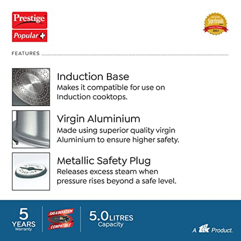 Prestige Popular Plus Induction Base Pressure Cooker, 5 Litre, Silver
