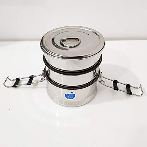 JVL Stainless Steel Triple Layer Leak Proof Lunch Box for School, Office - Round Shape - Medium