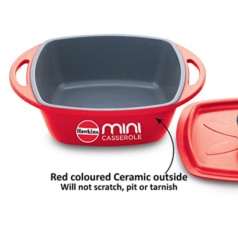 Hawkins 0.75 Litre Mini Casserole with Lid, Square Series Die-Cast pan for Cooking, Reheating, Serving and Storing, Red (MCSR75)