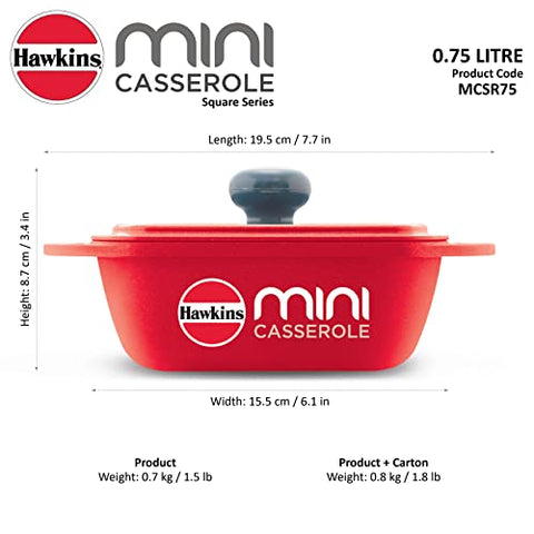 Hawkins 0.75 Litre Mini Casserole with Lid, Square Series Die-Cast pan for Cooking, Reheating, Serving and Storing, Red (MCSR75)