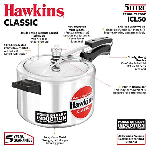 Hawkins H56 Hevibase Induction Compatible Aluminum Pressure Cooker, 5-Liter,SILVER