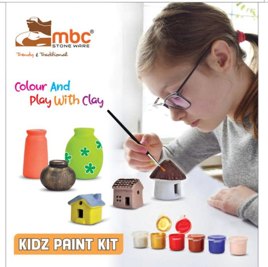 MBC Kidz Paint Kit 3 Clay Pots And 3 Clay House With 2 Color Lits And 2 Brush Painting Kit For Kids, Creative Indoor Art And Craft Kit For Kids, Birthday Gift For Kids, Brown