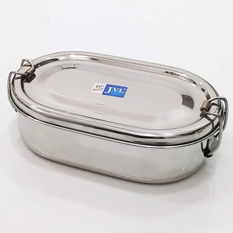 JVL Stainless Steel Capsule Shaped Lunch Box for School, Office,College Tiffin Box - Medium - Single Layer with Steel Separator Plate and Locking Clip Systems