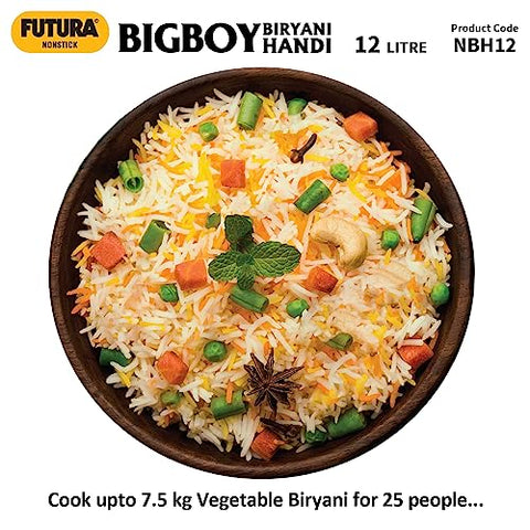 Hawkins Futura 12 Litre BigBoy Biryani Handi, Non Stick Pot with Hard Anodised Lid, Sauce Pan for Cooking and Serving Biriyani, Black (NBH12)