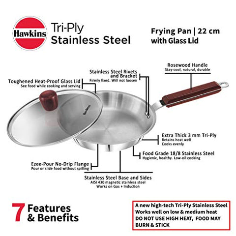 HAWKINS Tri-ply Stainless Steel Frying Pan 22 cm with Glass Lid, Silver, Standard (SSF22G)