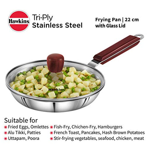 HAWKINS Tri-ply Stainless Steel Frying Pan 22 cm with Glass Lid, Silver, Standard (SSF22G)