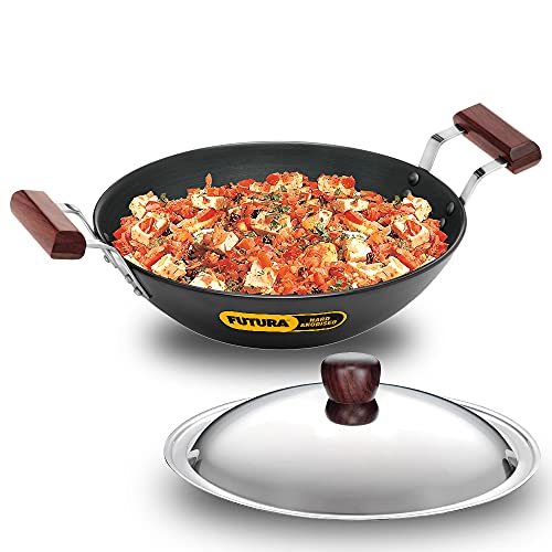 Futura IL23 Induction Compatible Hard Anodised Flat Bottom Deep Fry Pan / Kadhai with Steel Lid, 2.5 Liter