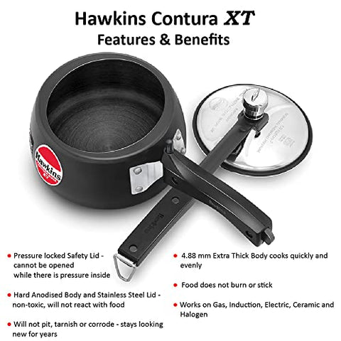 Hawkins 1.5 Litre Contura Black XT Pressure Cooker, Hard Anodised Inner Lid Cooker, Small Induction Cooker, Extra Thick Handi Cooker, Black (CXT15)