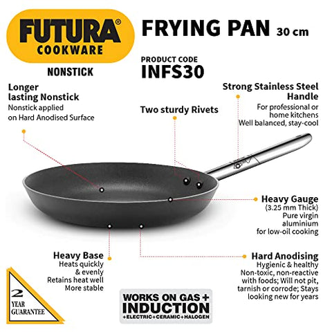 Hawkins Futura 30 cm Frying Pan, Non Stick Fry Pan with Stainless Steel Handle, Induction Frying Pan, Big Frying Pan, Black (INFS30)