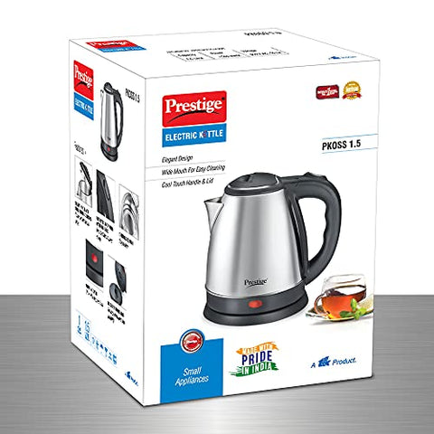 Prestige 1.5 Litres Electric Kettle (PKOSS 1.5)|1500W | Silver - Black| Automatic Cut-off | Stainless Steel | Rotatable Base | Power Indicator | Single-Touch Lid Locking