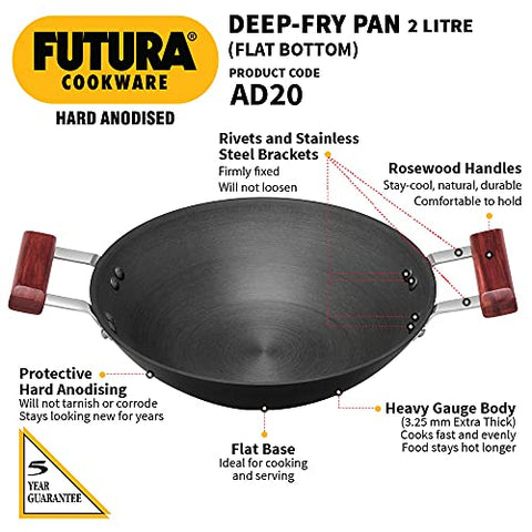 Hawkins Futura 2 Litre Deep Fry Pan, Hard Anodised Kadai, Flat Bottom Kadhai, Black (AD20)