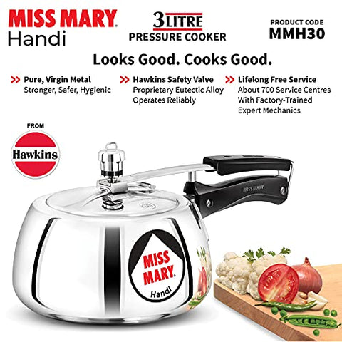 Hawkins Miss Mary Handi Pressure Cooker, 3 Litre, Silver (MMH30)