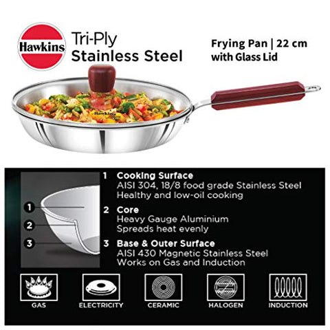 HAWKINS Tri-ply Stainless Steel Frying Pan 22 cm with Glass Lid, Silver, Standard (SSF22G)