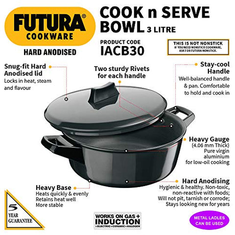 Futura Induction Hard Anodised Cook and Serve Stewpot/Bowl with Induction Base and Lid, 3 L, Small, Black