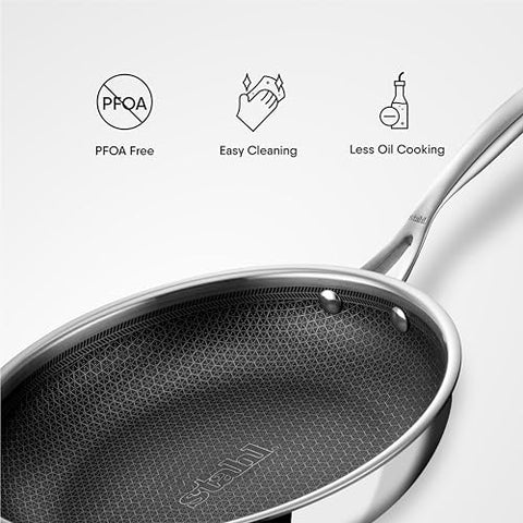 Stahl Triply Stainless Steel Non Stick Pan | Stainless Steel Frying Pan with Lid | Fry Pan with Induction Base|Scratch Resistant Non Stick Pan | Hybrid 6424, Dia 24 cm, 1.8L (Serves 6 People)