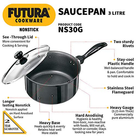 Futura Non Stick 8-Inch Sauce Pan with Glass Lid, 3.0-Liter