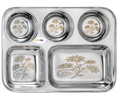Smilekey Set of 12 Stainless Steel Dinner Plate/Bhojan Thali/Lunch Plate with Round Extra Deep Compartments