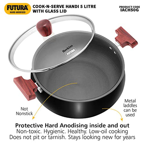 Hawkins Futura 5 Litre Cook n Serve Handi, Hard Anodised Biryani Handi with Glass Lid, Induction Saucepan, Sauce Pan, Black (IACH50G)