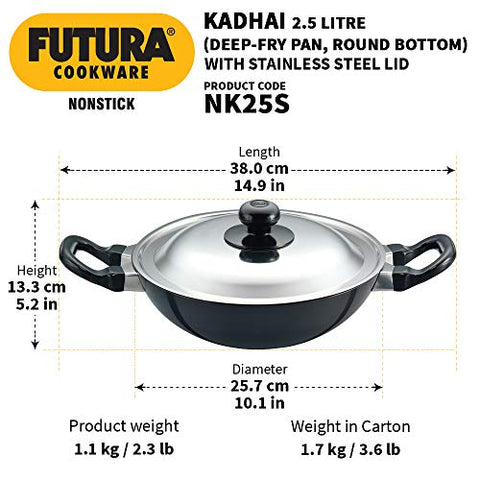 Futura Q55/NK25S Fry Pan, Kadhai, 2.5 Liter, Gray