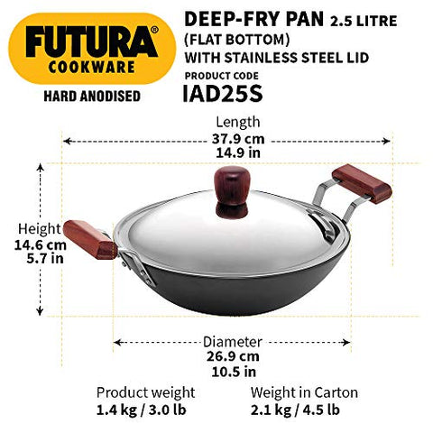 Futura IL23 Induction Compatible Hard Anodised Flat Bottom Deep Fry Pan / Kadhai with Steel Lid, 2.5 Liter