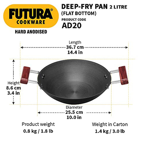 Hawkins Futura 2 Litre Deep Fry Pan, Hard Anodised Kadai, Flat Bottom Kadhai, Black (AD20)