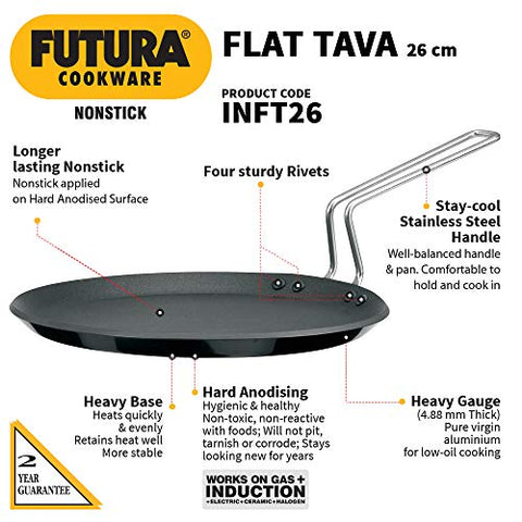 Hawkins Futura Non-stick Induction Compatible Flat Tava Griddle, 10" Induction, BLACK,