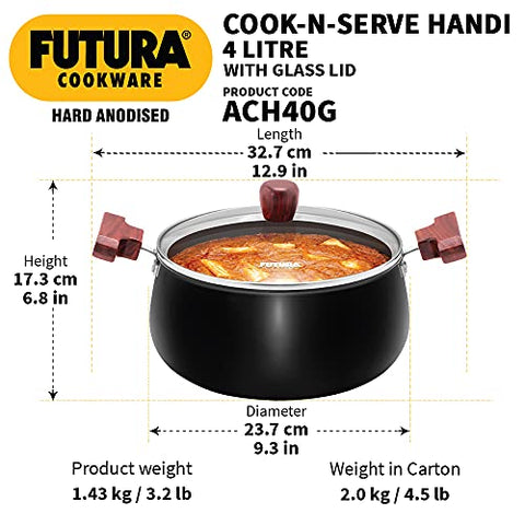 FUTURA Hawkins with 4 liters cook and serve handi glass lid, hard anodized biryani handi, pot, black (ACH40G)