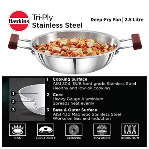 Hawkins Triply 3 mm Extra-Thick Stainless Steel Deep Fry Pan 2.5 Ltr without Lid, Silver (SSD25)