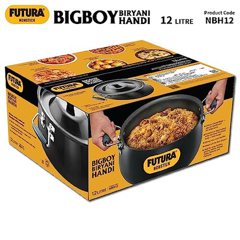 Hawkins Futura 12 Litre BigBoy Biryani Handi, Non Stick Pot with Hard Anodised Lid, Sauce Pan for Cooking and Serving Biriyani, Black (NBH12)