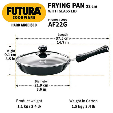 Hawkins Futura Hard Anodised Frying Pan With Glass Lid, 22cm Black