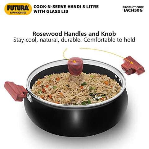 Hawkins Futura 5 Litre Cook n Serve Handi, Hard Anodised Biryani Handi with Glass Lid, Induction Saucepan, Sauce Pan, Black (IACH50G)